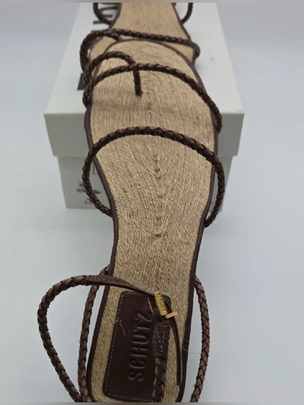 Schutz Kaya Straw Flat Sandals Brown Braided Leather NIB Size 9.5